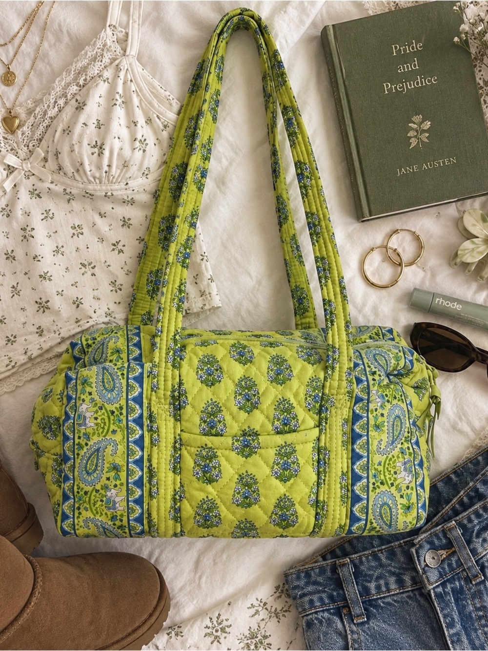 VINTAGE VERA BRADLEY LIME GREEN PAISLEY DUFFEL Y2K FLORAL QUILTED Shoulder Bag